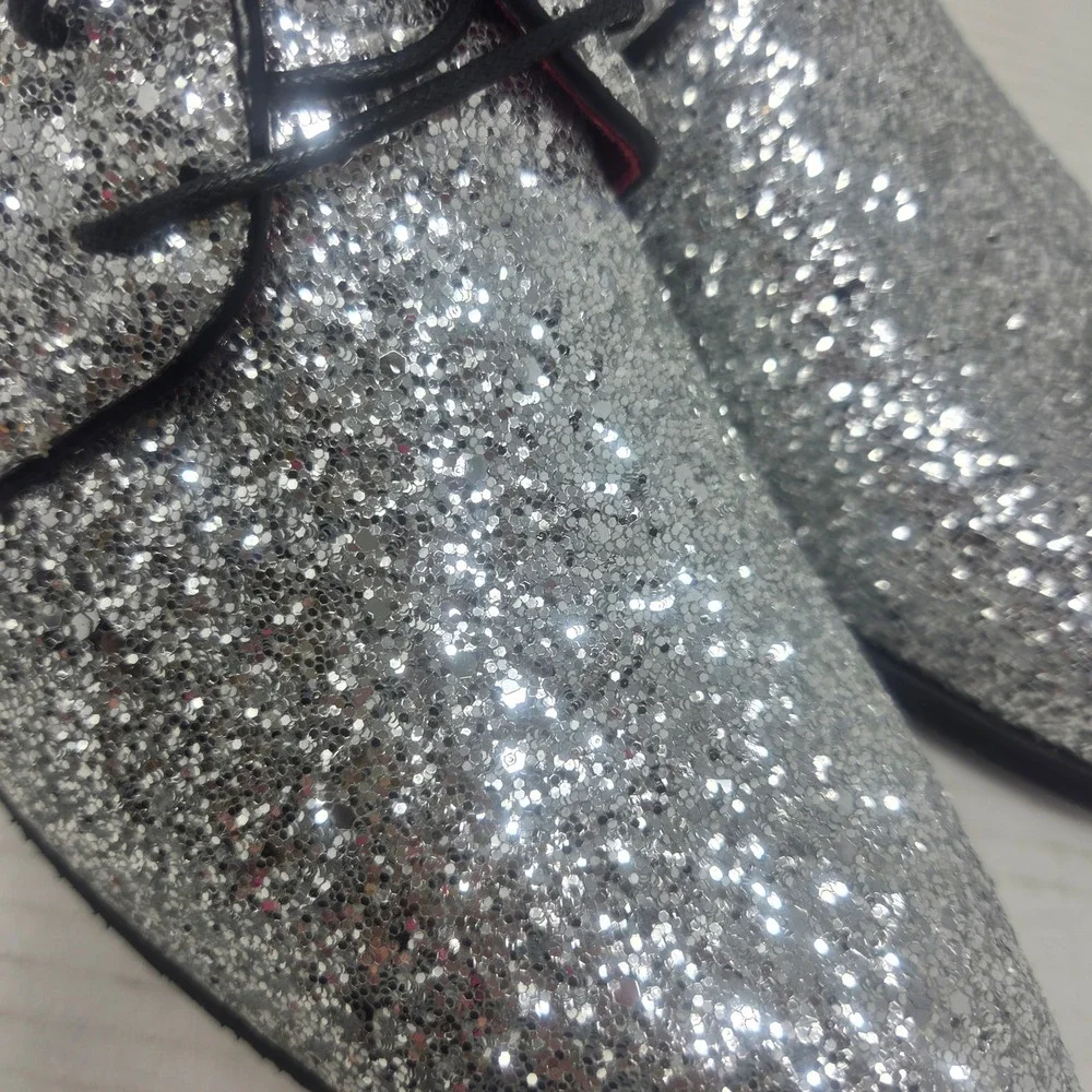 Glitter Derby Shoes Mens 10 Silver Pointed Toe Formal Party Statement Glam